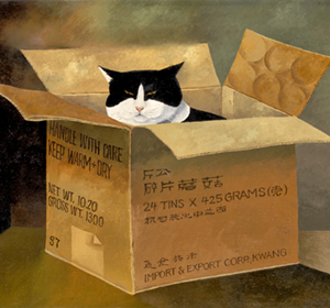 Katze im Karton, Öl auf Leinwand 60x70 CM